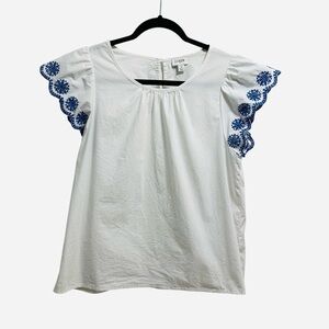 J. Crew embroidered flutter sleeve top white with blue scalloped sleeves Small